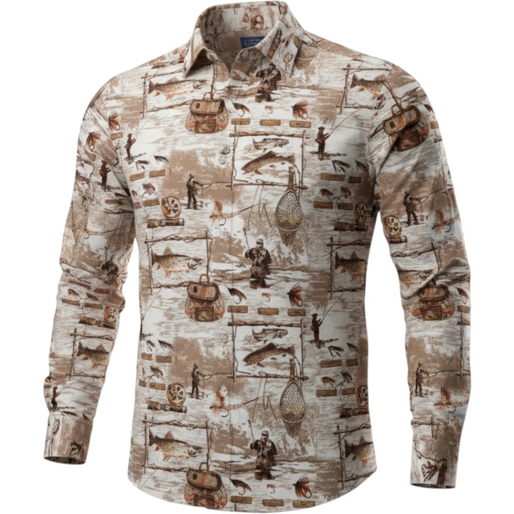 North River Outfitters Mens XL Fly Fishing‎ Print Button Down Shirt Cotton Tan